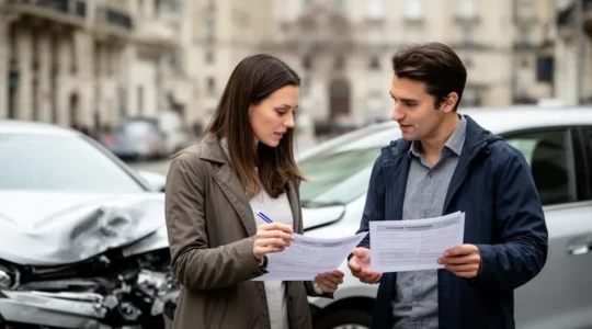 Conducteur remplissant un constat amiable après un accident de voiture en présence d'un autre conducteur