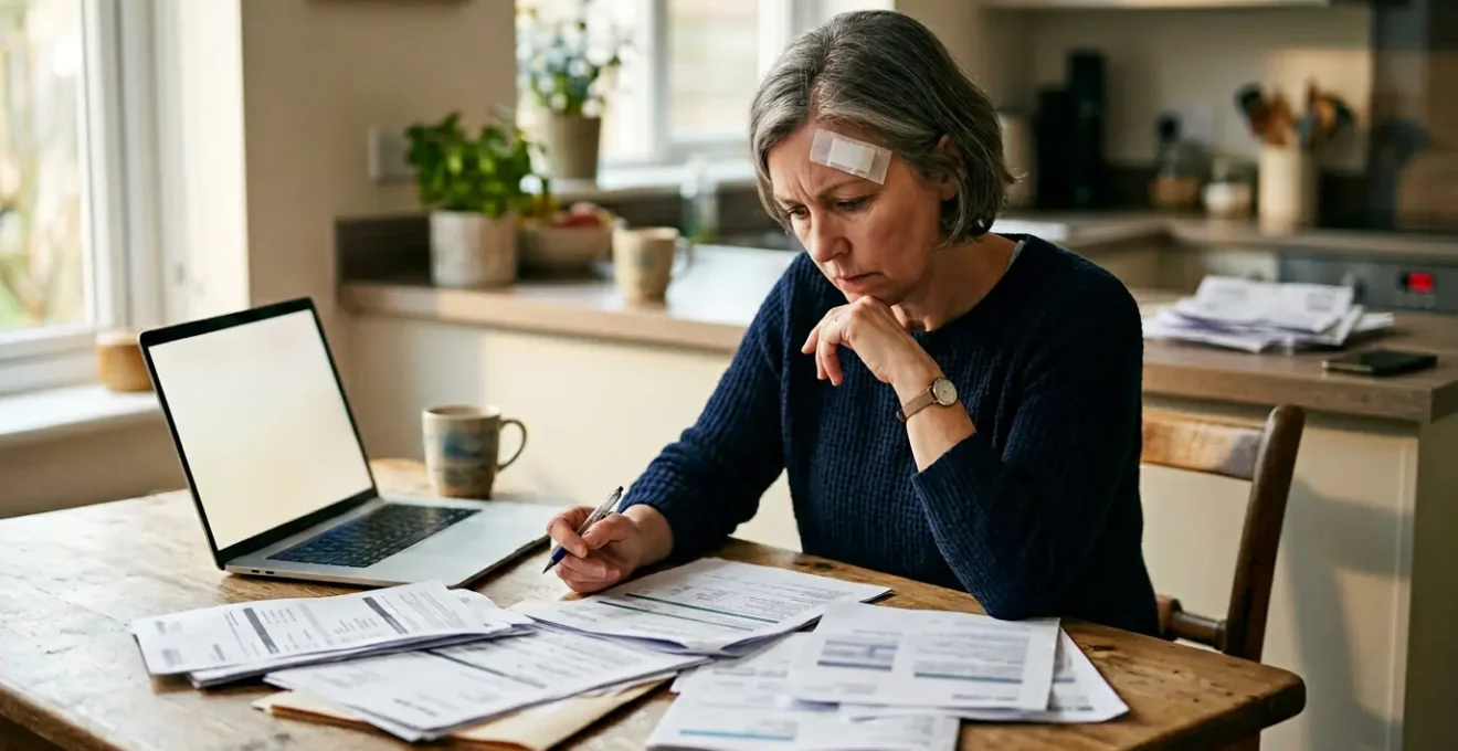 Conducteur consulte des documents d'assurance après un accident, dans un environnement médical