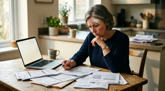 Conducteur consulte des documents d'assurance après un accident, dans un environnement médical