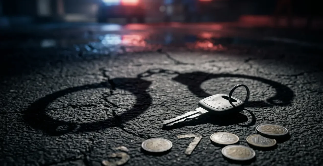 Scène dramatique d'un contrôle routier avec véhicule immobilisé et documents juridiques