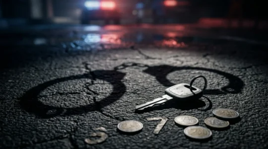 Scène dramatique d'un contrôle routier avec véhicule immobilisé et documents juridiques