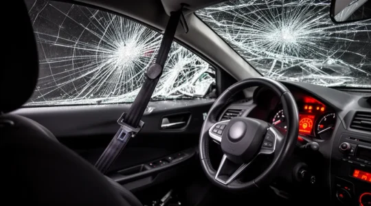 Intérieur de véhicule après collision frontale montrant l'airbag non déployé et les dégâts du pare-brise