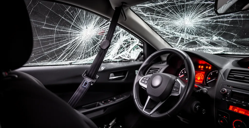 Intérieur de véhicule après collision frontale montrant l'airbag non déployé et les dégâts du pare-brise