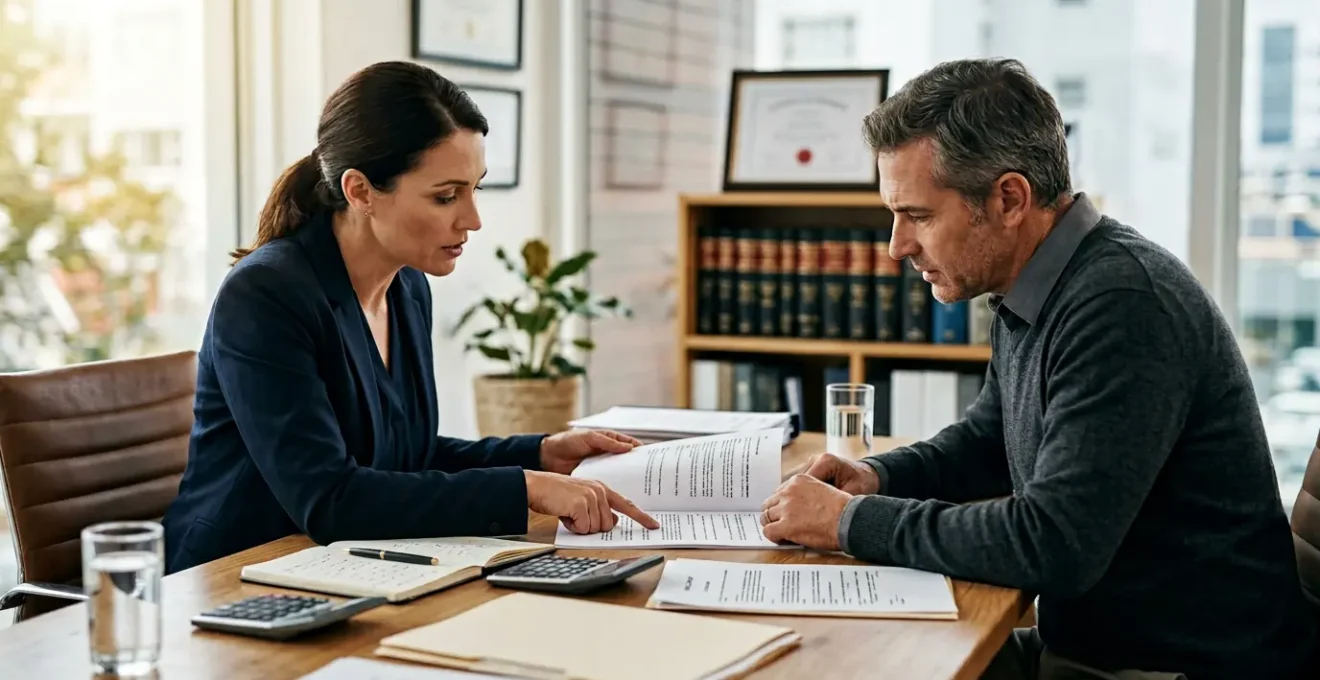 Avocat et client étudiant ensemble une convention d'honoraires avec documents d'assurance sur le bureau