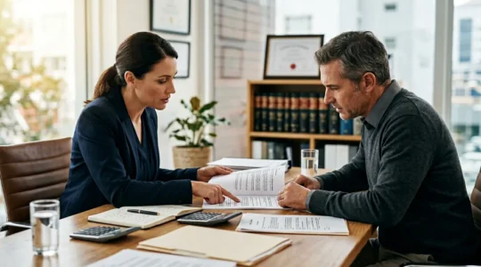 Avocat et client étudiant ensemble une convention d'honoraires avec documents d'assurance sur le bureau