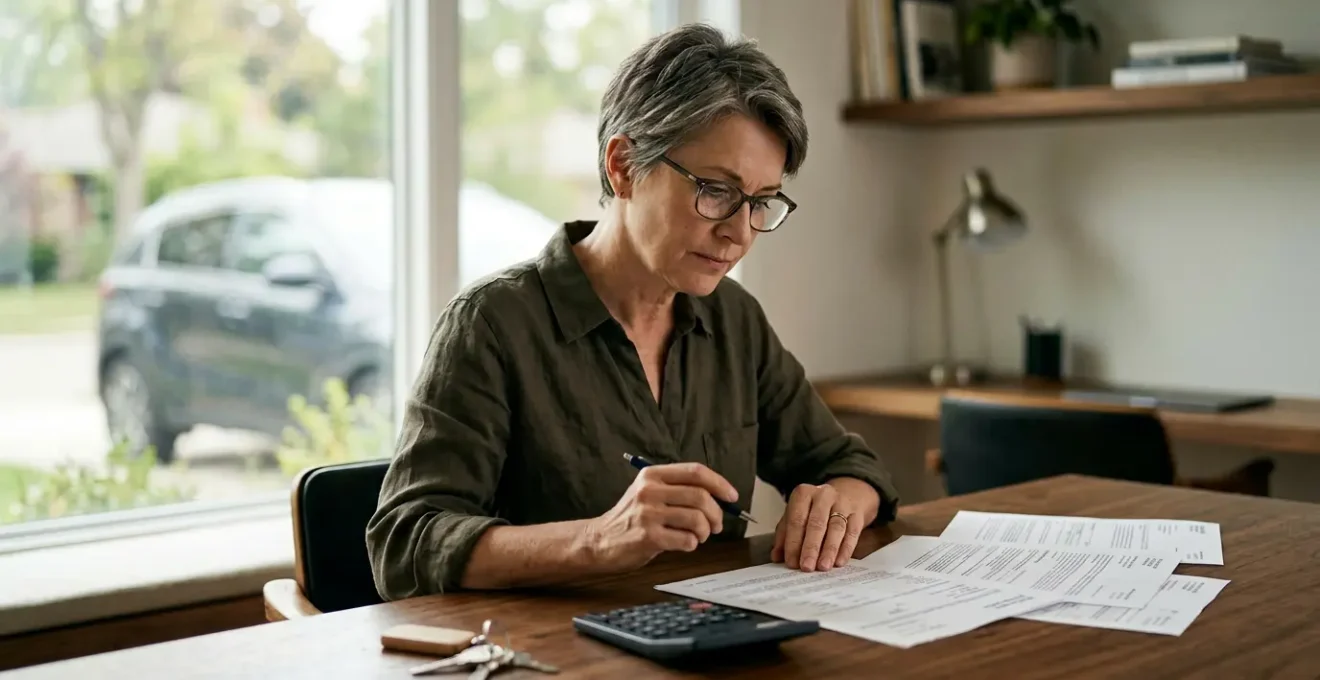 Conducteur analysant des documents d'assurance auto sur un bureau avec calculatrice et voiture en arrière-plan