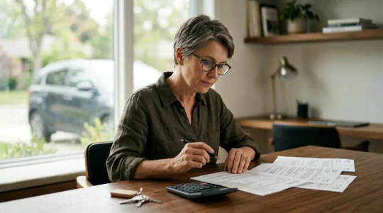 Conducteur analysant des documents d'assurance auto sur un bureau avec calculatrice et voiture en arrière-plan