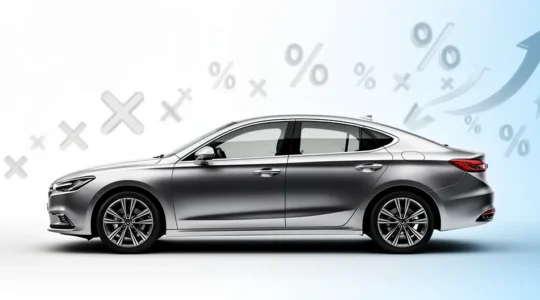 Vue latérale d'une voiture moderne avec des graphiques de calcul flottants et une calculatrice en arrière-plan