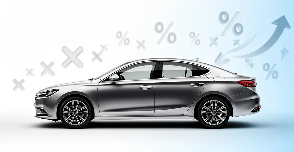 Vue latérale d'une voiture moderne avec des graphiques de calcul flottants et une calculatrice en arrière-plan