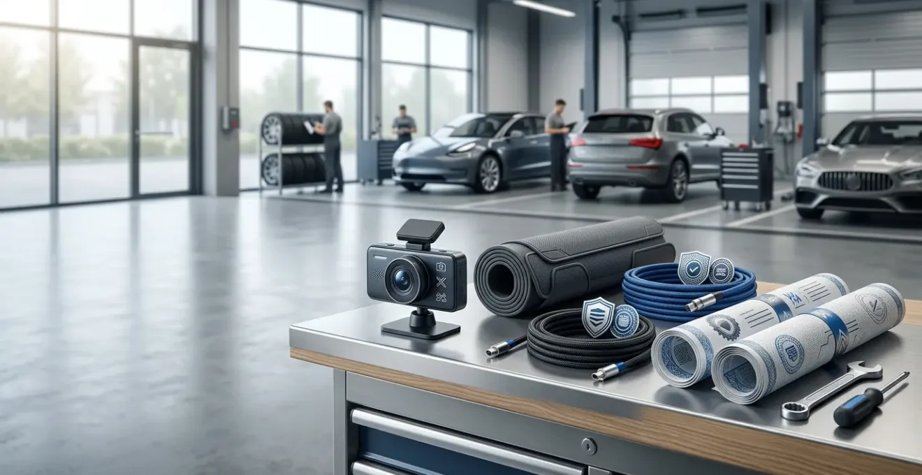 Tableau de bord moderne avec accessoires de sécurité certifiés et documentation