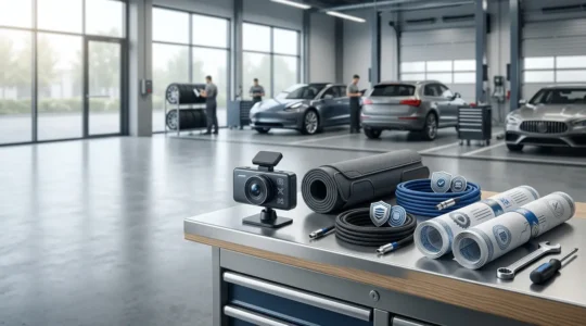 Tableau de bord moderne avec accessoires de sécurité certifiés et documentation