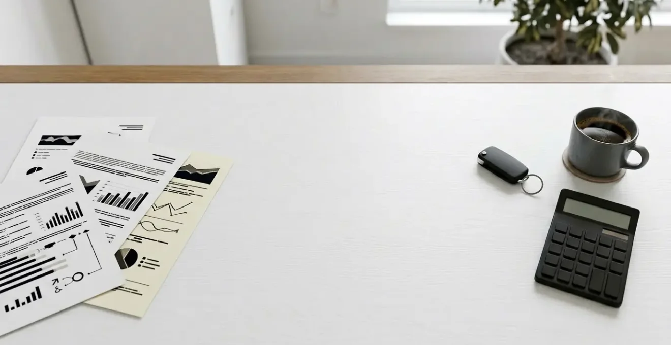 Conducteur analysant documents d'assurance auto avec calculatrice et clés de voiture sur bureau moderne