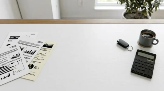 Conducteur analysant documents d'assurance auto avec calculatrice et clés de voiture sur bureau moderne