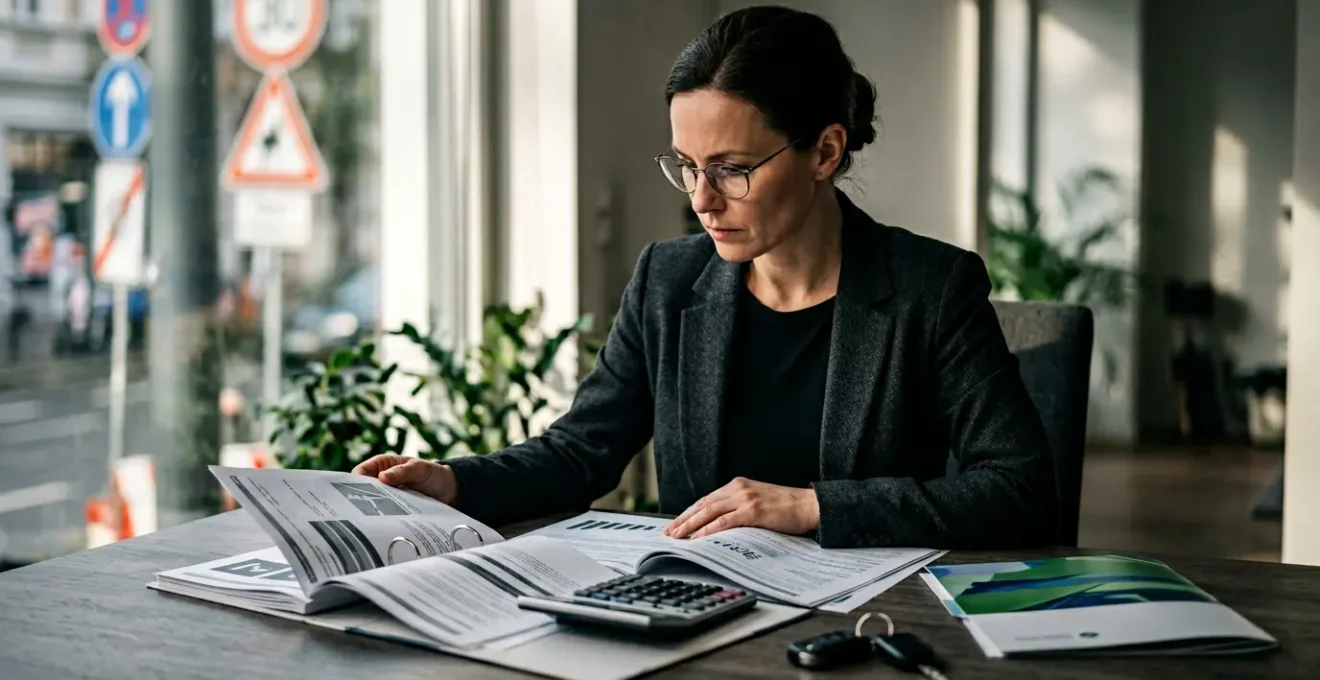 Conducteur attentif étudiant des documents routiers avec panneaux et véhicule