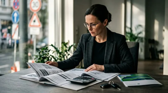 Conducteur attentif étudiant des documents routiers avec panneaux et véhicule