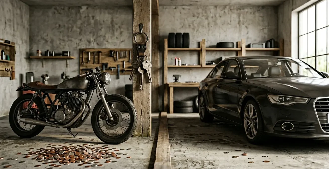 Moto sportive et voiture côte à côte avec éléments symboliques de coût d'assurance