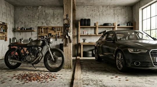 Moto sportive et voiture côte à côte avec éléments symboliques de coût d'assurance