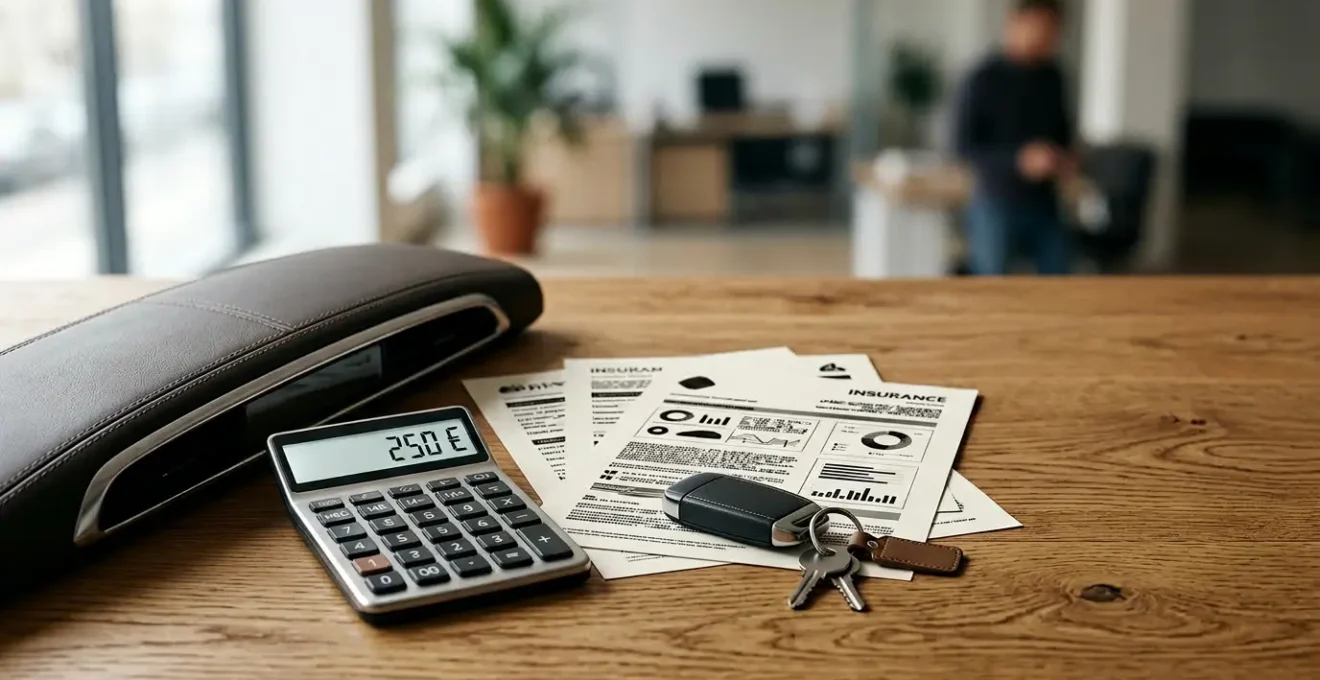 Tableau de bord automobile avec documents d'assurance et calculatrice montrant des économies
