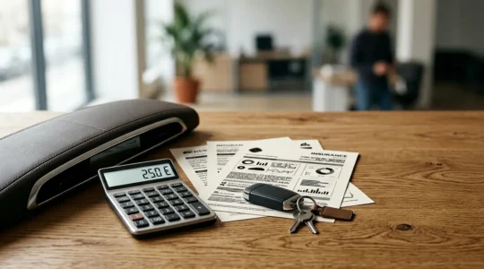 Tableau de bord automobile avec documents d'assurance et calculatrice montrant des économies