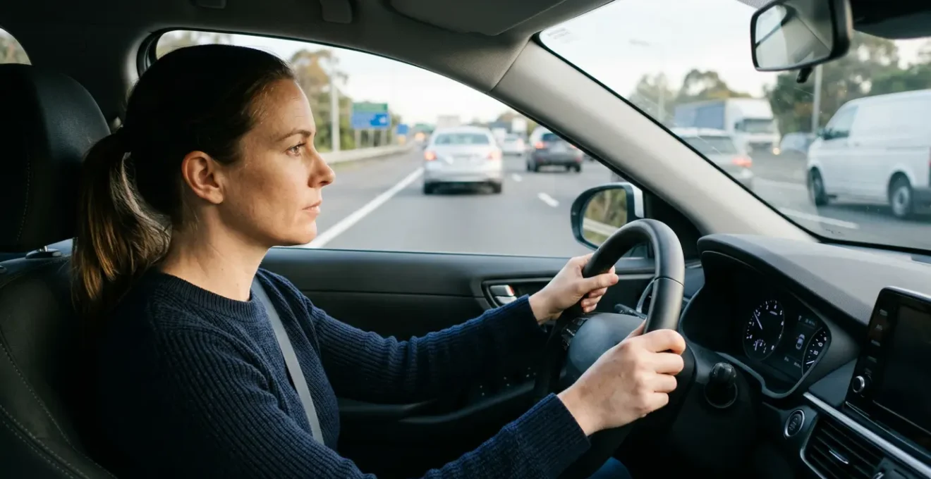 Conducteur concentré au volant sur autoroute avec véhicules en arrière-plan