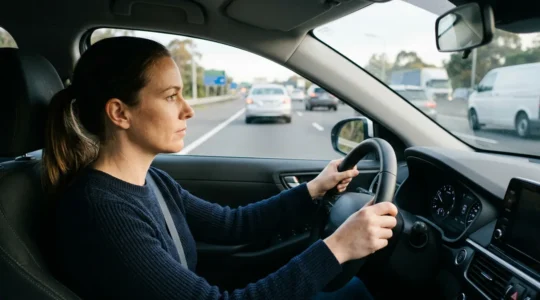 Conducteur concentré au volant sur autoroute avec véhicules en arrière-plan