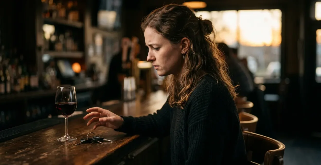 Personne tenant un verre de vin en observant des clés de voiture posées sur une table, représentant le dilemme entre boire et conduire