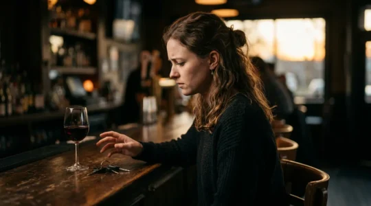 Personne tenant un verre de vin en observant des clés de voiture posées sur une table, représentant le dilemme entre boire et conduire