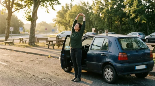 Conducteur fatigué prenant une pause sur une aire d'autoroute française