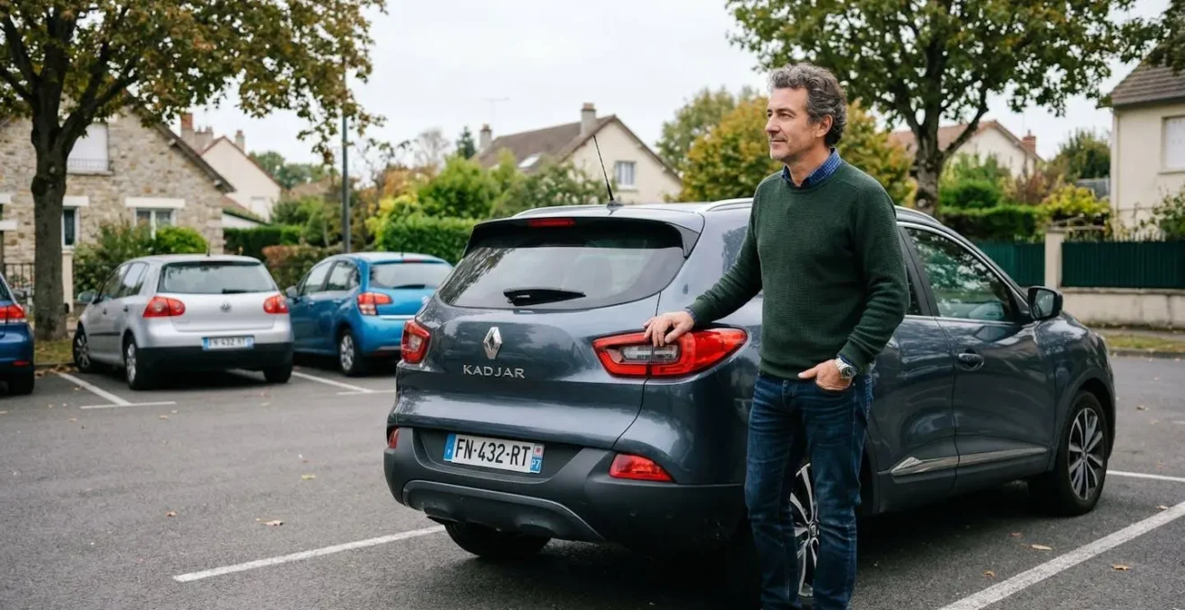 Conducteur français examinant sa situation d'assurance auto près de son véhicule familial