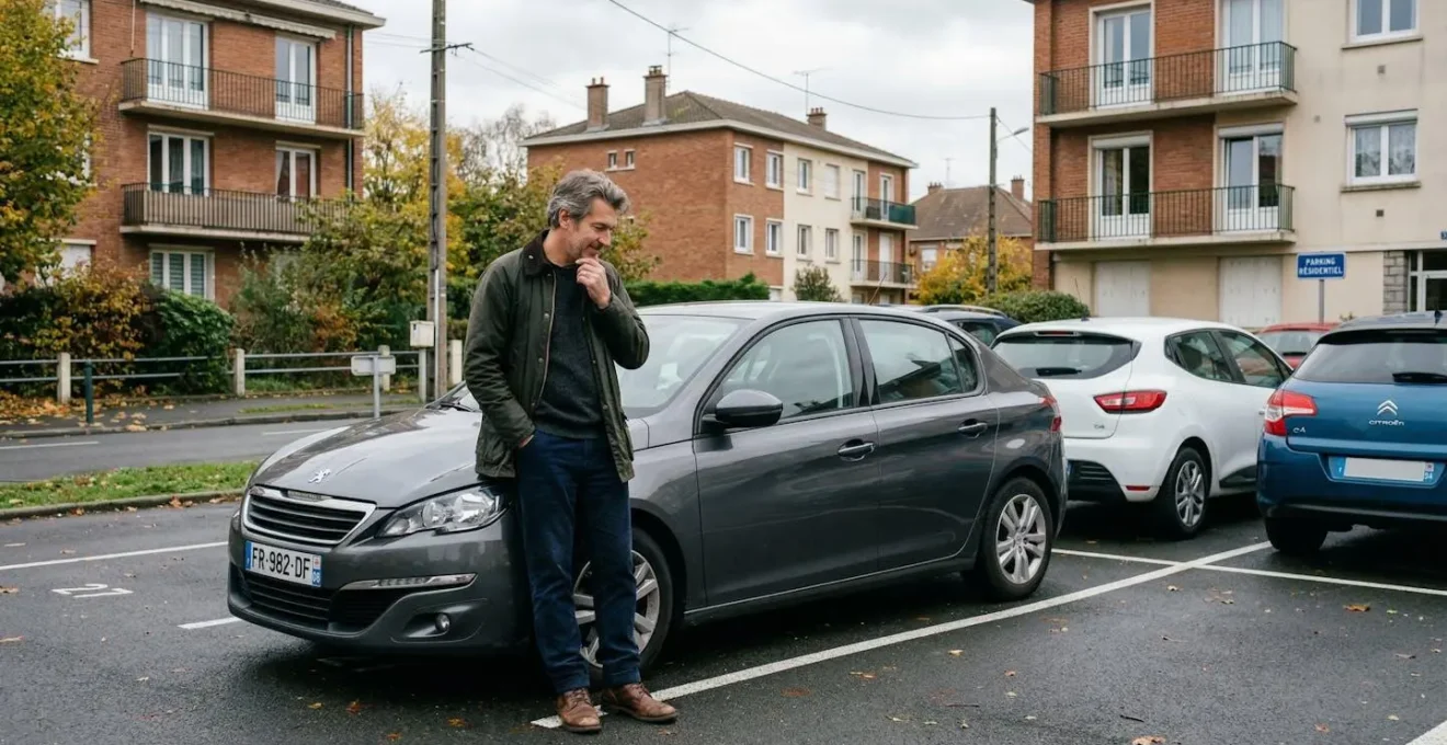 Conducteur français vérifiant sa voiture dans un parking résidentiel avant souscription assurance auto