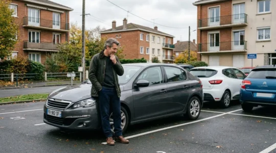 Conducteur français vérifiant sa voiture dans un parking résidentiel avant souscription assurance auto