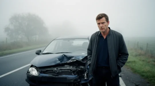 Conducteur examinant les dégâts de son véhicule après un accident responsable sur une route de campagne