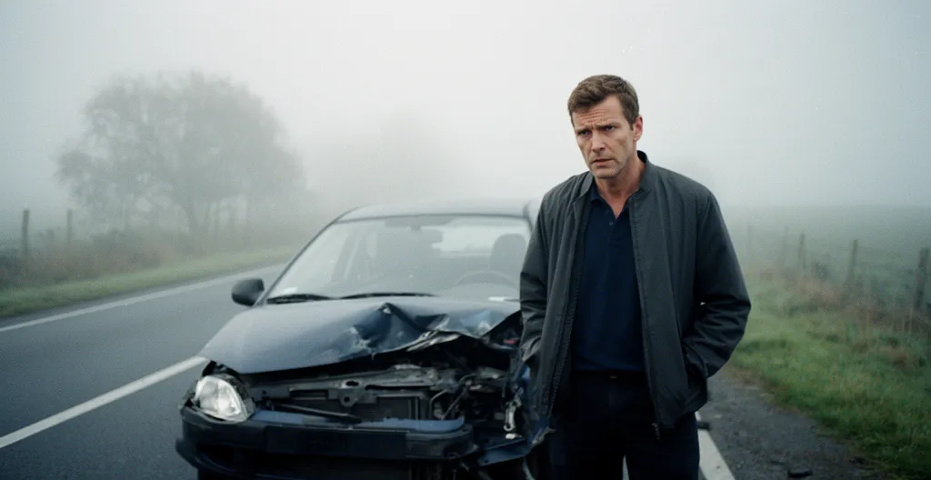 Conducteur examinant les dégâts de son véhicule après un accident responsable sur une route de campagne