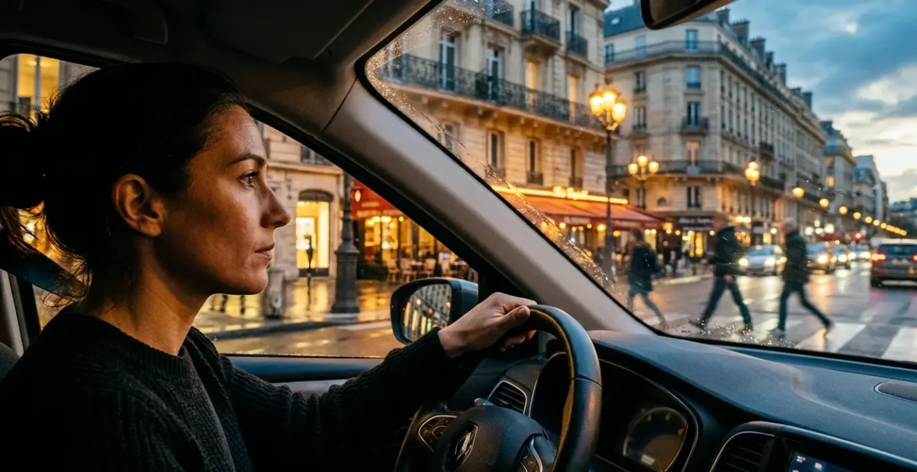 Conducteur attentif dans une rue urbaine française avec piétons en arrière-plan