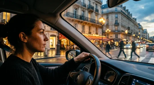 Conducteur attentif dans une rue urbaine française avec piétons en arrière-plan