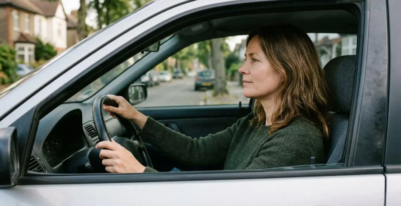 Conductrice européenne sereine au volant illustrant une conduite responsable apaisée