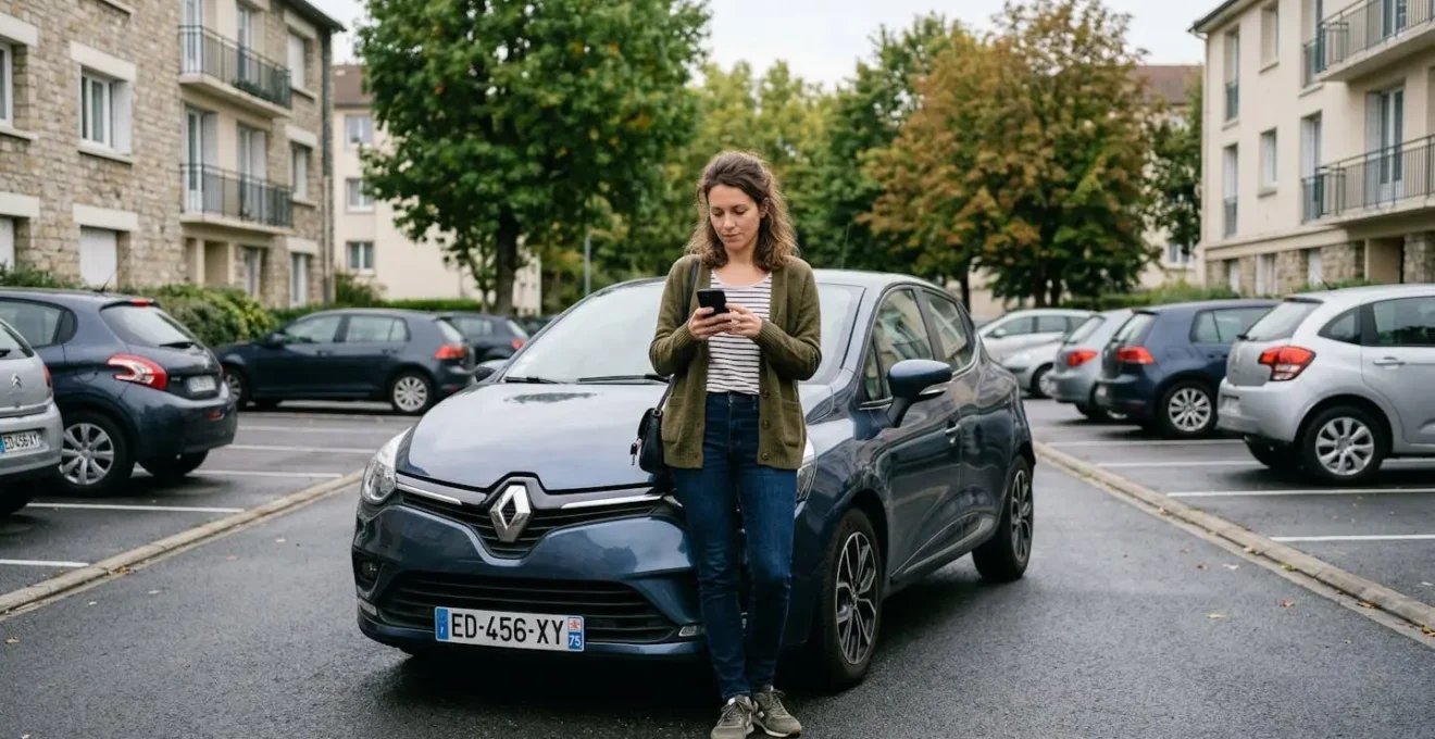 Conductrice consultant son smartphone près de sa voiture familiale dans un parking résidentiel