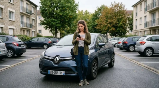 Conductrice consultant son smartphone près de sa voiture familiale dans un parking résidentiel