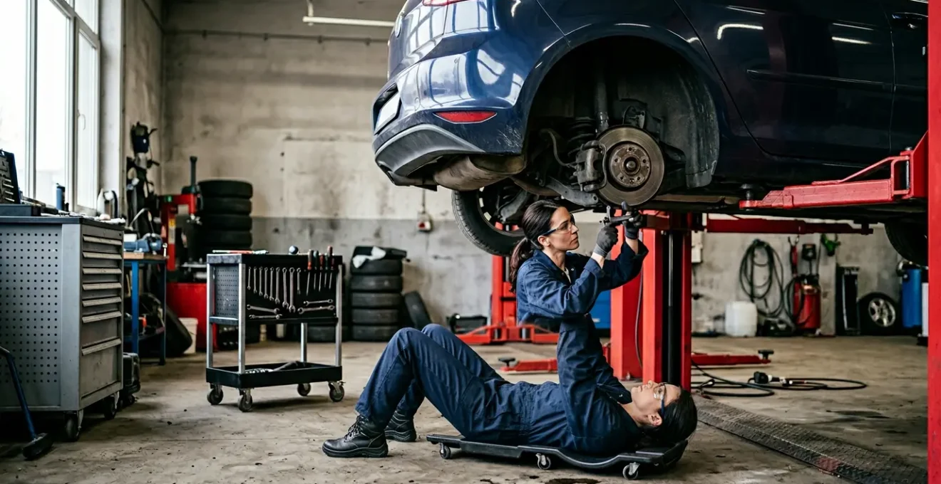 Mécanicien inspectant le système de freinage d'une voiture avec focus sur les composants hydrauliques