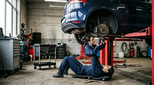 Mécanicien inspectant le système de freinage d'une voiture avec focus sur les composants hydrauliques