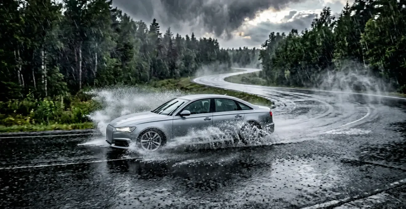 Véhicule moderne sur route mouillée avec projection d'eau sous les pneus