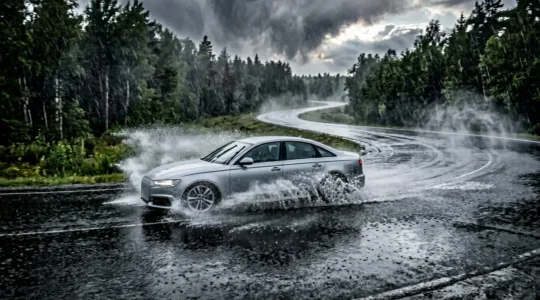 Véhicule moderne sur route mouillée avec projection d'eau sous les pneus