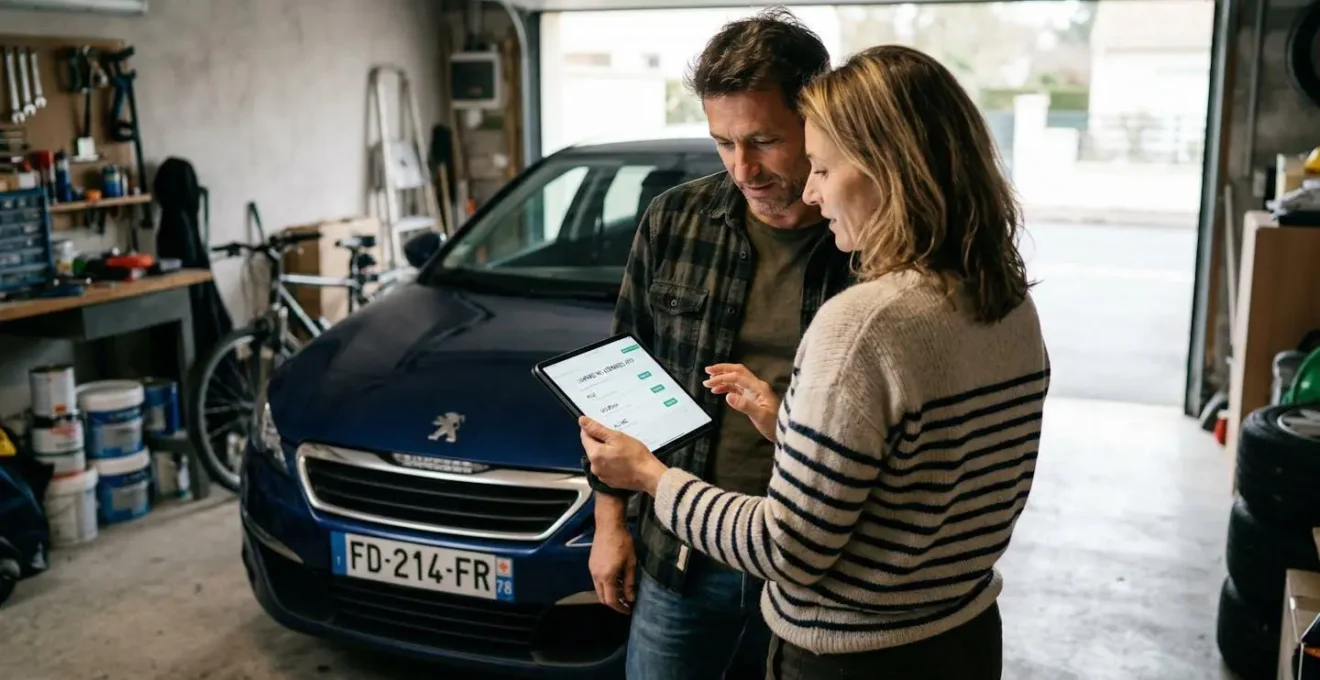 Couple consultant les options d'assurance auto sur tablette près de leur véhicule d'occasion