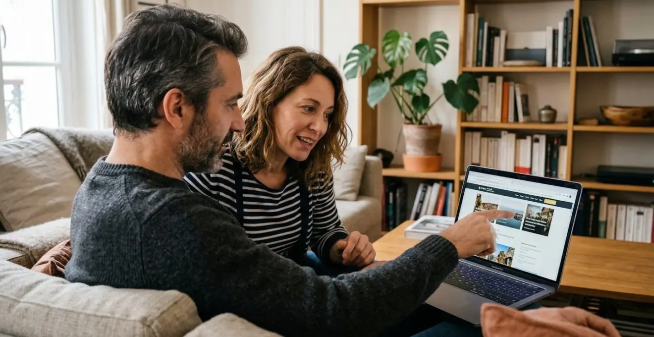 Couple français consultant leurs informations d'assurance auto sur ordinateur dans leur salon