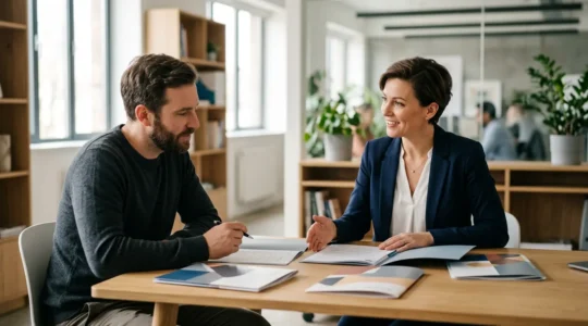 Courtier en assurance analysant des dossiers de résiliation pour trouver la meilleure offre