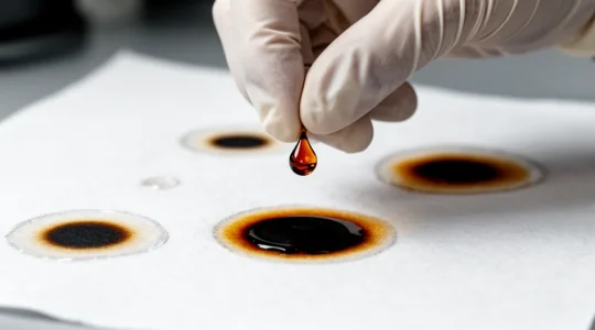 Gros plan sur une main gantée déposant une goutte d'huile moteur sur du papier absorbant pour diagnostiquer son état