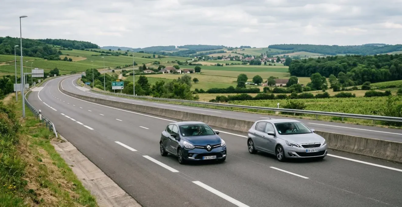 Deux véhicules sur autoroute avec distance de sécurité visible illustrant la règle des 2 secondes