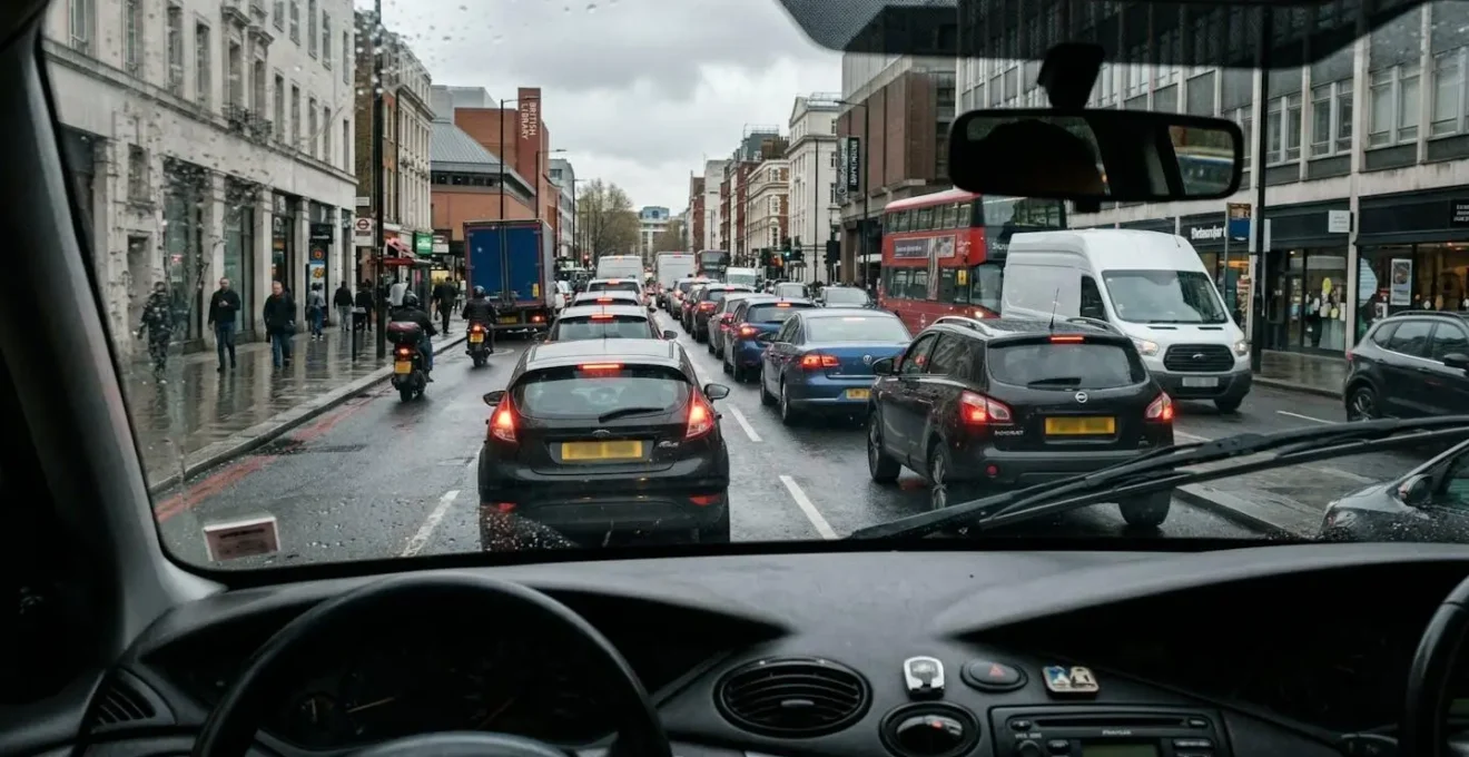 Embouteillage urbain vu depuis l'habitacle, situation de stress quotidien pour les conducteurs