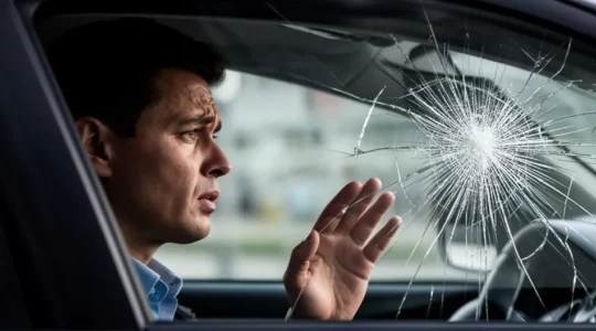 Conducteur examinant une fissure en étoile sur son pare-brise avec inquiétude