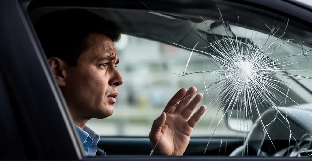 Conducteur examinant une fissure en étoile sur son pare-brise avec inquiétude